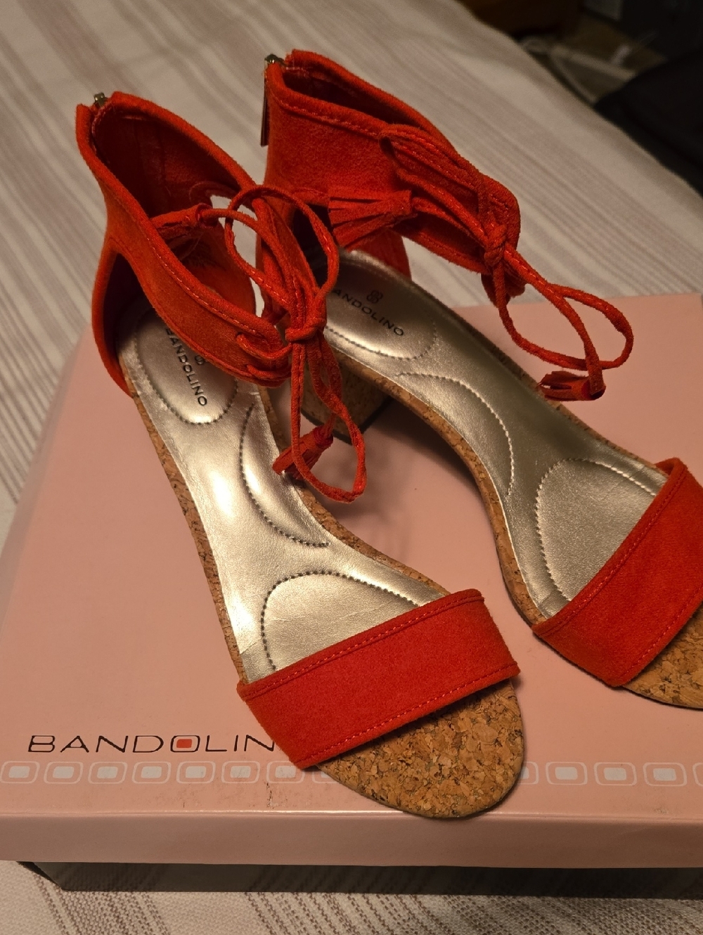 lBandolino Orange-Red Suede-like Lace-Up Cork Wedge Sandals
